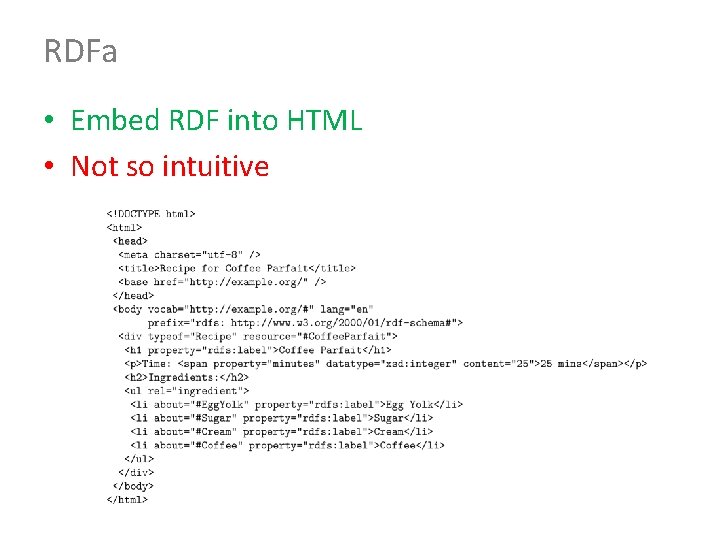 RDFa • Embed RDF into HTML • Not so intuitive 