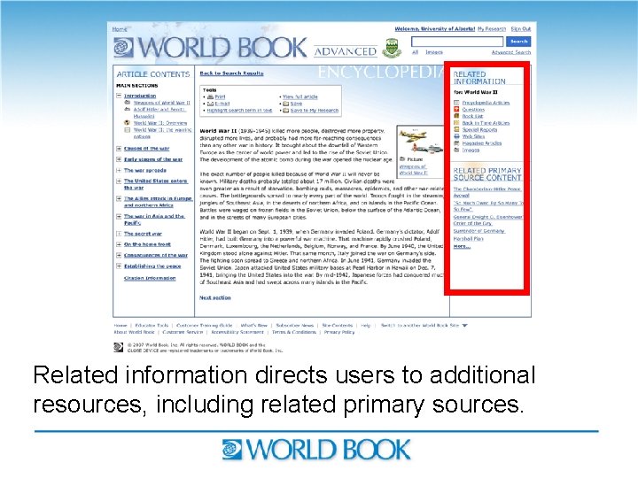 Related information directs users to additional resources, including related primary sources. 