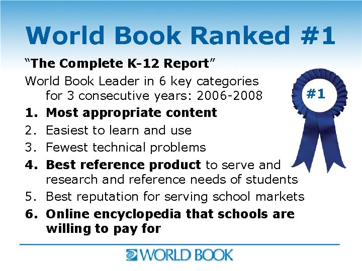 World Book Ranked #1 “The Complete K-12 Report” World Book Leader in 6 key