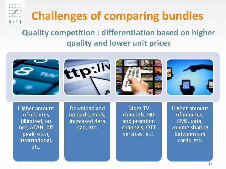Challenges of comparing bundles Quality competition : differentiation based on higher quality and lower