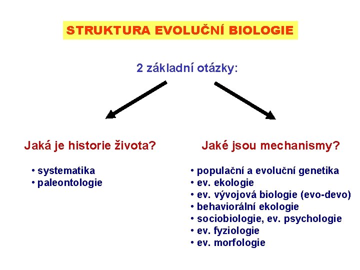 STRUKTURA EVOLUČNÍ BIOLOGIE 2 základní otázky: Jaká je historie života? • systematika • paleontologie