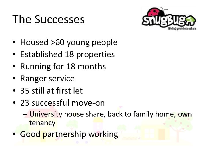 The Successes • • • Housed >60 young people Established 18 properties Running for