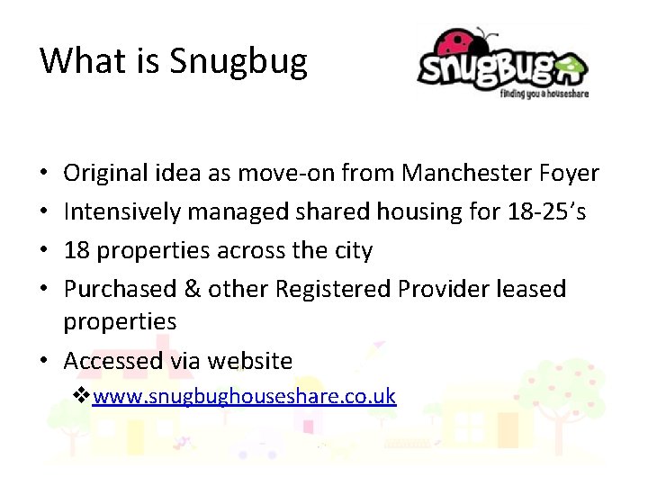 What is Snugbug Original idea as move-on from Manchester Foyer Intensively managed shared housing
