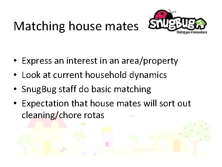 Matching house mates • • Express an interest in an area/property Look at current