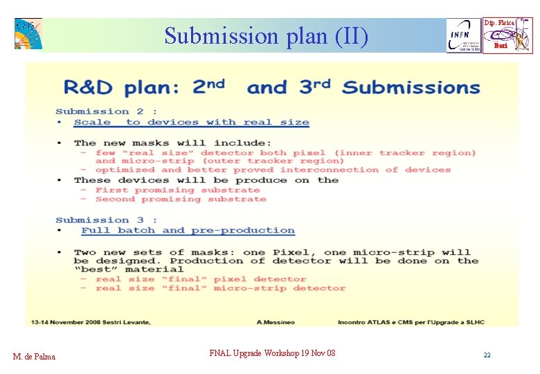 Submission plan (II) M. de Palma FNAL Upgrade Workshop 19 Nov 08 Dip. Fisica