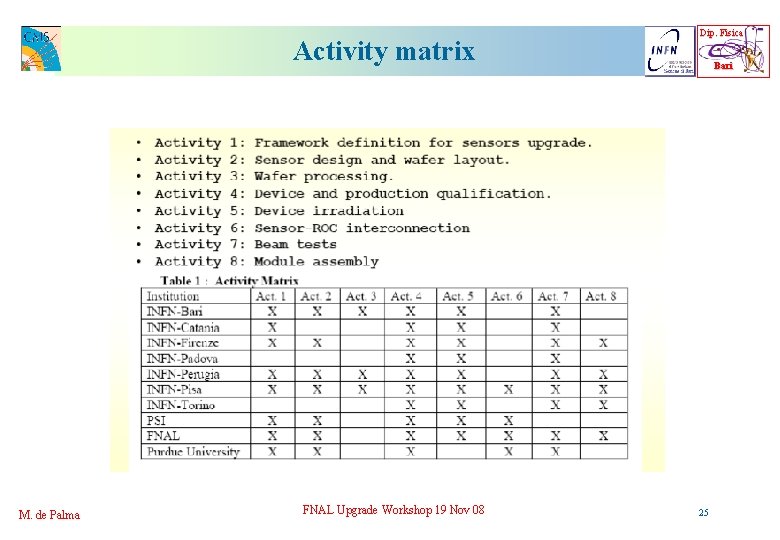 Activity matrix M. de Palma FNAL Upgrade Workshop 19 Nov 08 Dip. Fisica Bari