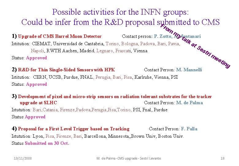 Possible activities for the INFN groups: Could be infer from the R&D proposal submitted