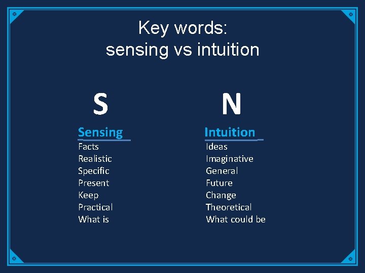 Key words: sensing vs intuition S Sensing Facts Realistic Specific Present Keep Practical What