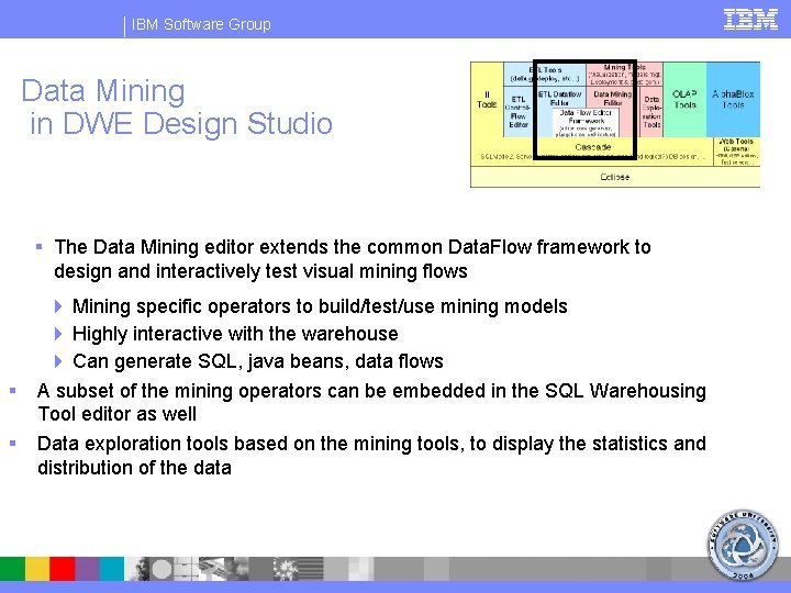 IBM Software Group Data Mining in DWE Design Studio § The Data Mining editor
