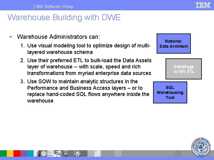 IBM Software Group Warehouse Building with DWE § Warehouse Administrators can: 1. Use visual