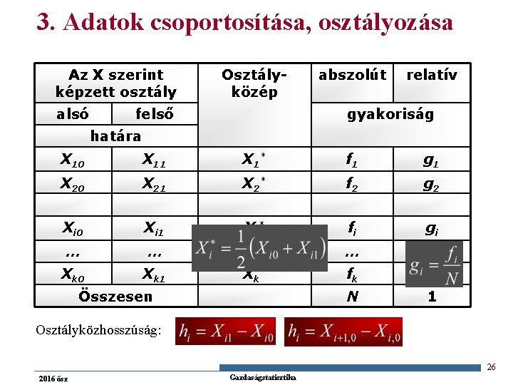 3. Adatok csoportosítása, osztályozása Az X szerint képzett osztály alsó Osztályközép felső abszolút relatív