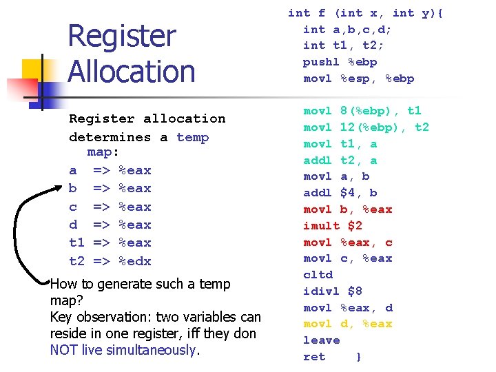 Register Allocation Register allocation determines a temp map: a => %eax b => %eax Register Allocation Register allocation determines a temp map: a => %eax b => %eax