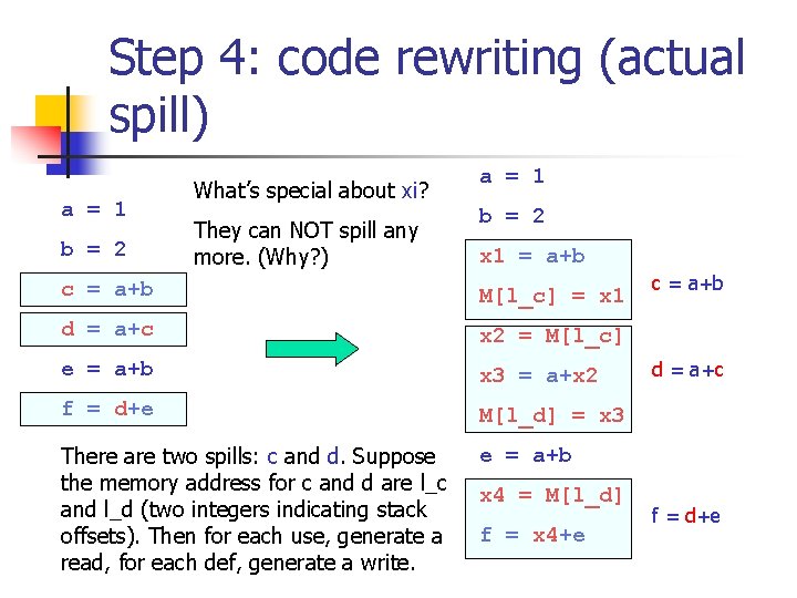 Step 4: code rewriting (actual spill) a = 1 b = 2 What’s special