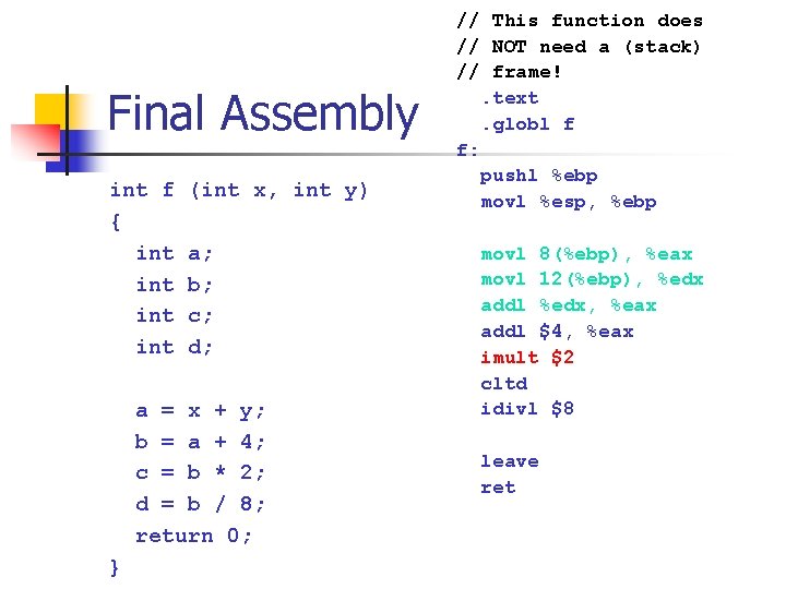 Final Assembly int f { int int (int x, int y) a; b; c;