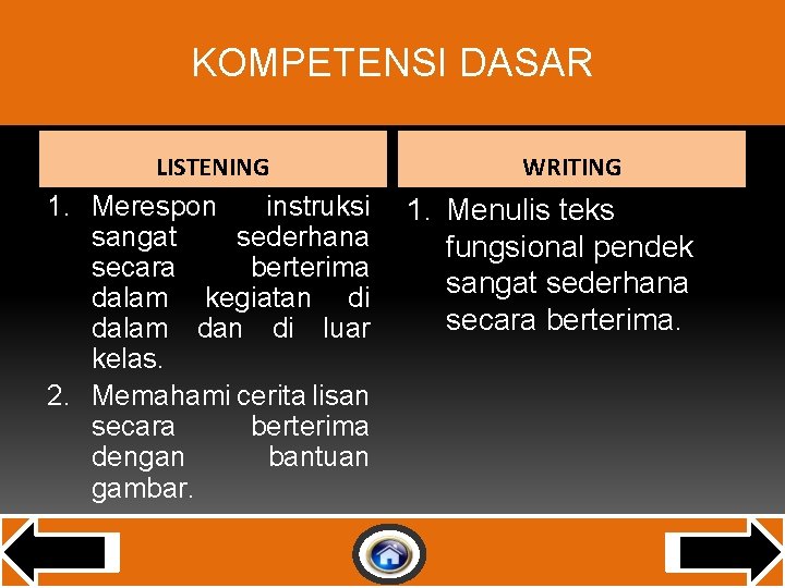 KOMPETENSI DASAR LISTENING 1. Merespon instruksi sangat sederhana secara berterima dalam kegiatan di dalam