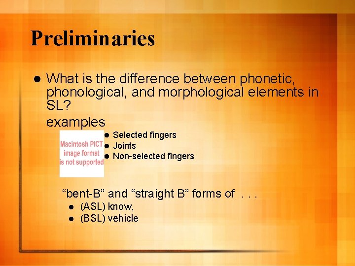 Preliminaries l What is the difference between phonetic, phonological, and morphological elements in SL?