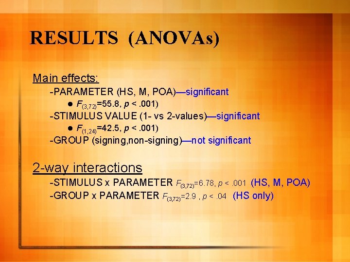 RESULTS (ANOVAs) Main effects: -PARAMETER (HS, M, POA)—significant l F(3, 72)=55. 8, p <.