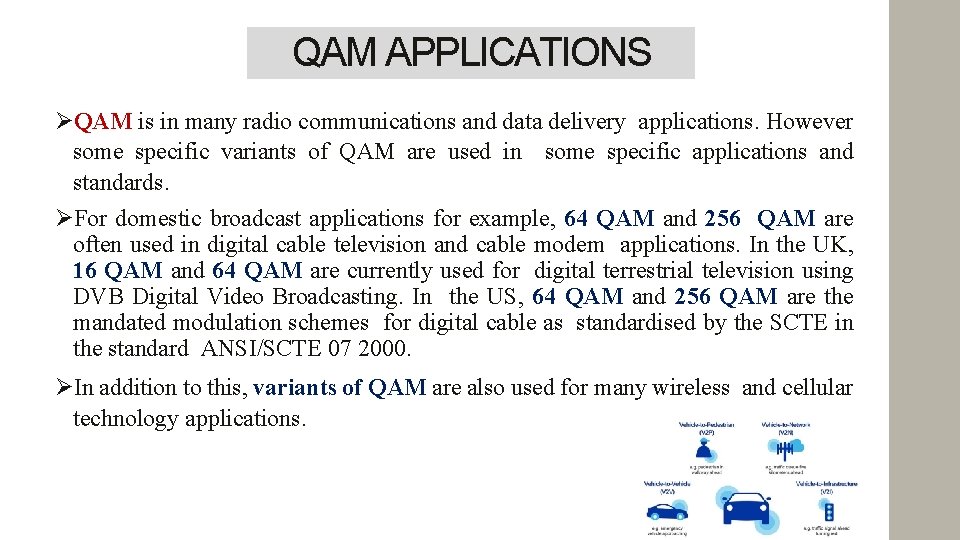 QAM APPLICATIONS QAM is in many radio communications and data delivery applications. However some