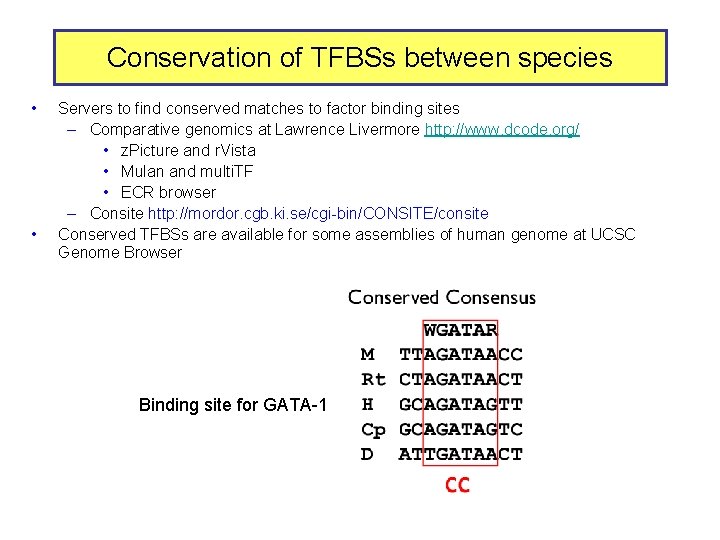 Conservation of TFBSs between species • • Servers to find conserved matches to factor