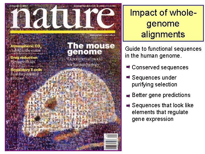 Impact of wholegenome alignments Guide to functional sequences in the human genome. Conserved sequences