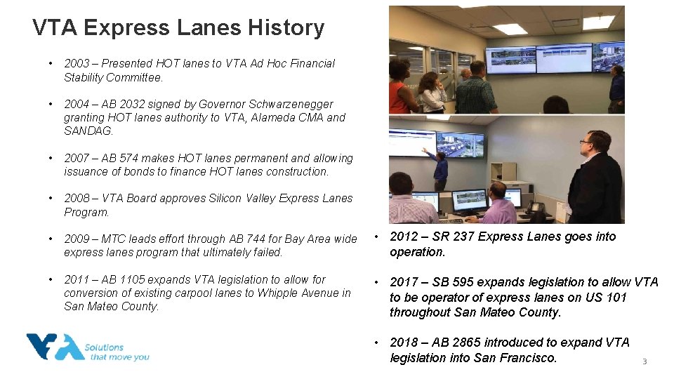 VTA Express Lanes History • 2003 – Presented HOT lanes to VTA Ad Hoc