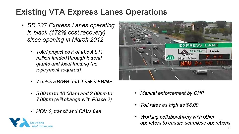 Existing VTA Express Lanes Operations • SR 237 Express Lanes operating in black (172%