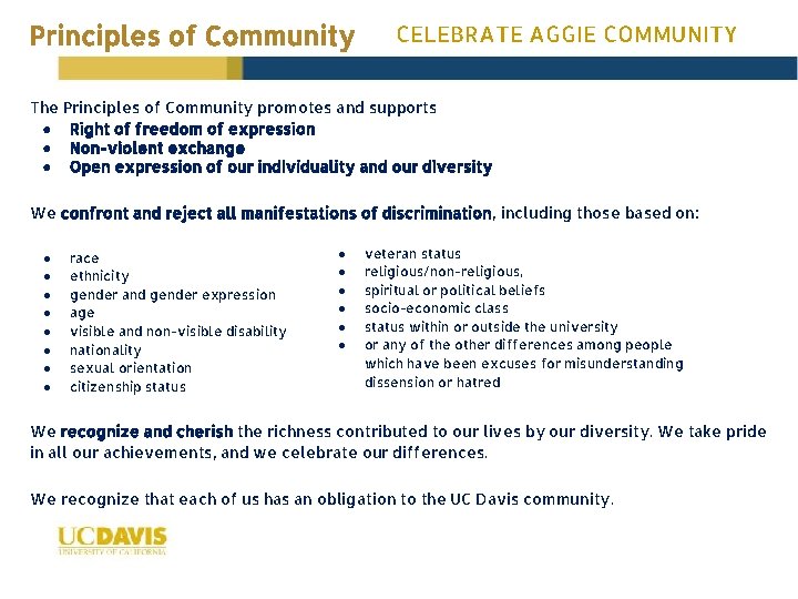 Principles of Community CELEBRATE AGGIE COMMUNITY The Principles of Community promotes and supports ●