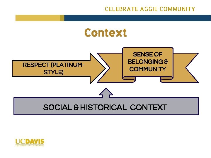 CELEBRATE AGGIE COMMUNITY Context RESPECT (PLATINUMSTYLE) SENSE OF BELONGING & COMMUNITY SOCIAL & HISTORICAL