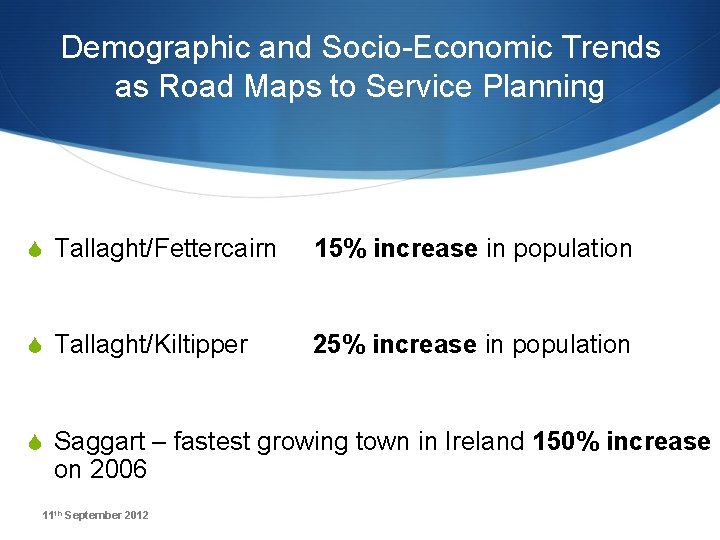 Demographic and Socio-Economic Trends as Road Maps to Service Planning S Tallaght/Fettercairn 15% increase