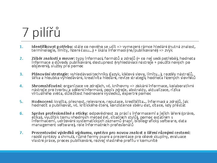 7 pilířů 1. Identifikovat potřebu: stále co nového se učit => vymezení rámce hledání