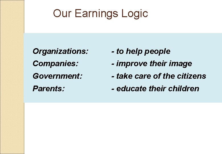 Our Earnings Logic Organizations: - to help people Companies: - improve their image Government: