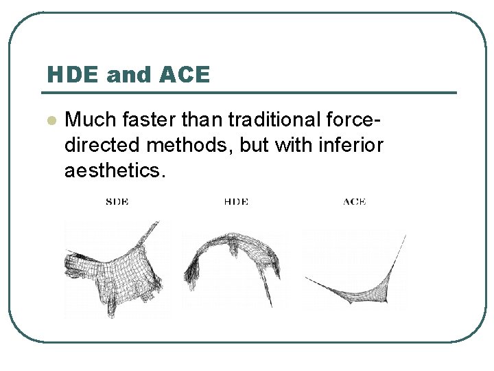 HDE and ACE l Much faster than traditional forcedirected methods, but with inferior aesthetics.