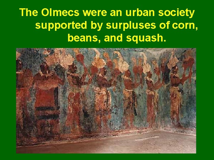 The Olmecs were an urban society supported by surpluses of corn, beans, and squash.