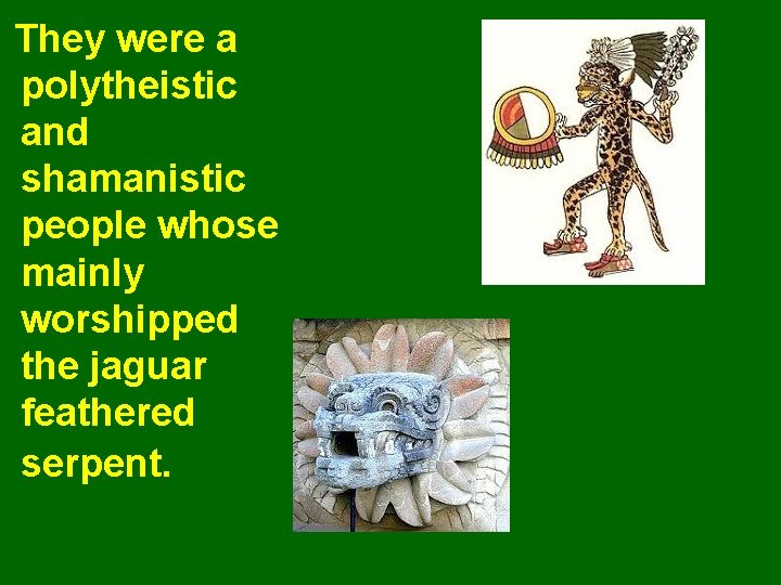 They were a polytheistic and shamanistic people whose mainly worshipped the jaguar feathered serpent.