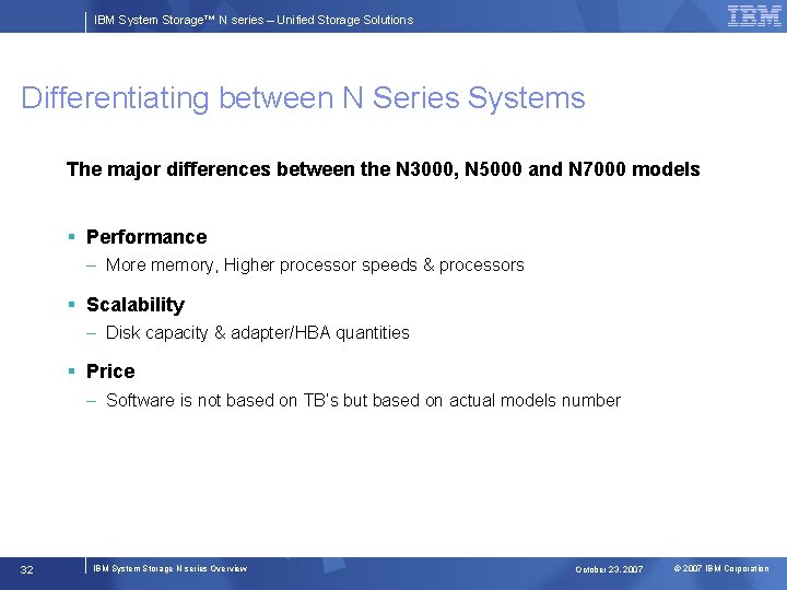 IBM System Storage™ N series – Unified Storage Solutions Differentiating between N Series Systems