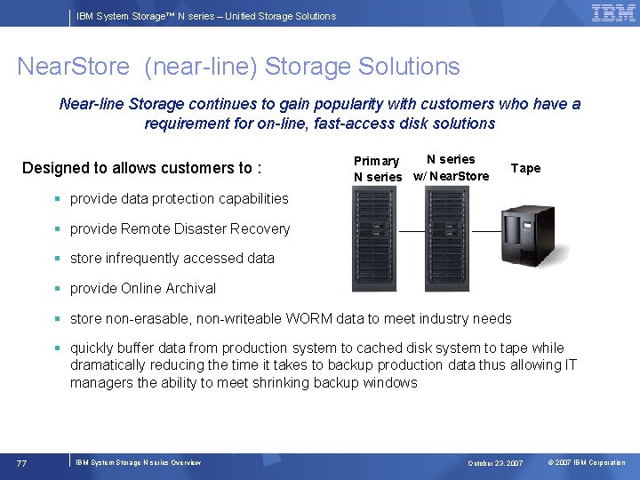 IBM System Storage™ N series – Unified Storage Solutions Near. Store (near-line) Storage Solutions