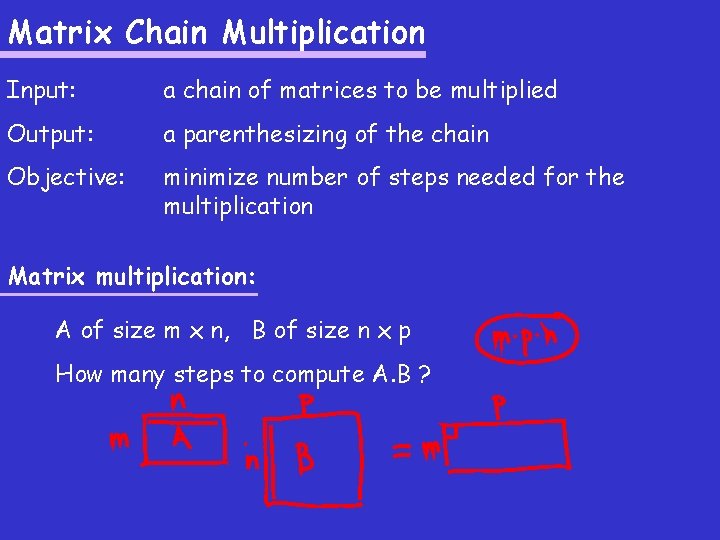 Matrix Chain Multiplication Input: a chain of matrices to be multiplied Output: a parenthesizing