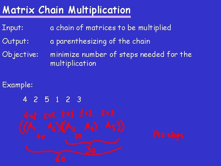 Matrix Chain Multiplication Input: a chain of matrices to be multiplied Output: a parenthesizing Matrix Chain Multiplication Input: a chain of matrices to be multiplied Output: a parenthesizing