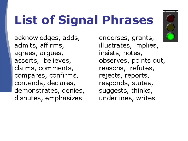 List of Signal Phrases acknowledges, adds, admits, affirms, agrees, argues, asserts, believes, claims, comments,