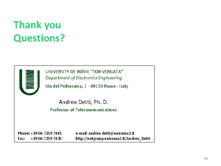 Thank you Questions? UNIVERSITY OF ROME “TOR VERGATA” Department of Electronics Engineering Via del