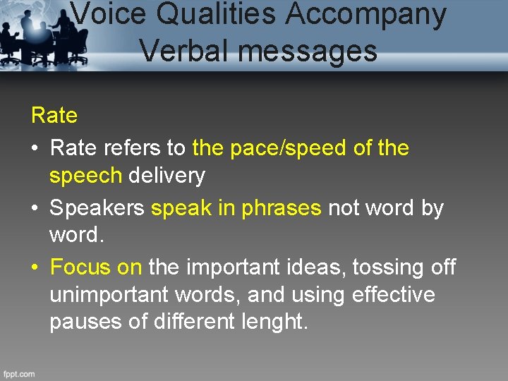 Voice Qualities Accompany Verbal messages Rate • Rate refers to the pace/speed of the