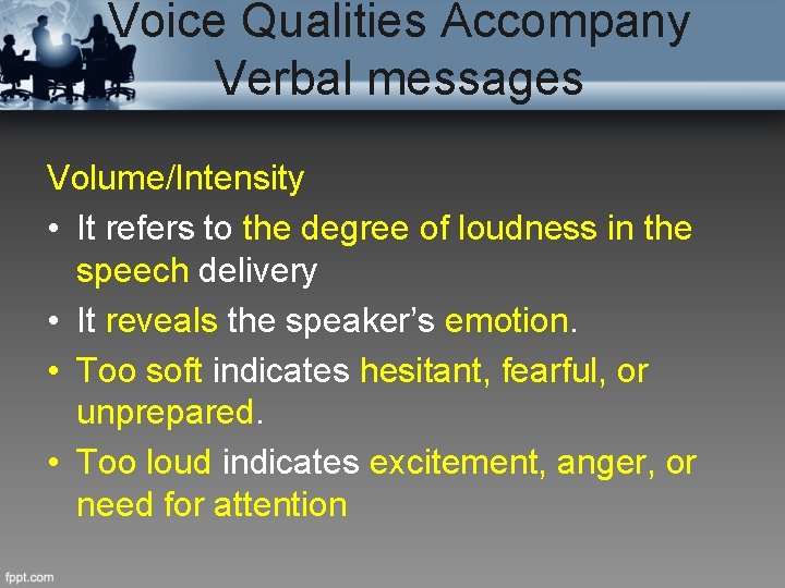 Voice Qualities Accompany Verbal messages Volume/Intensity • It refers to the degree of loudness