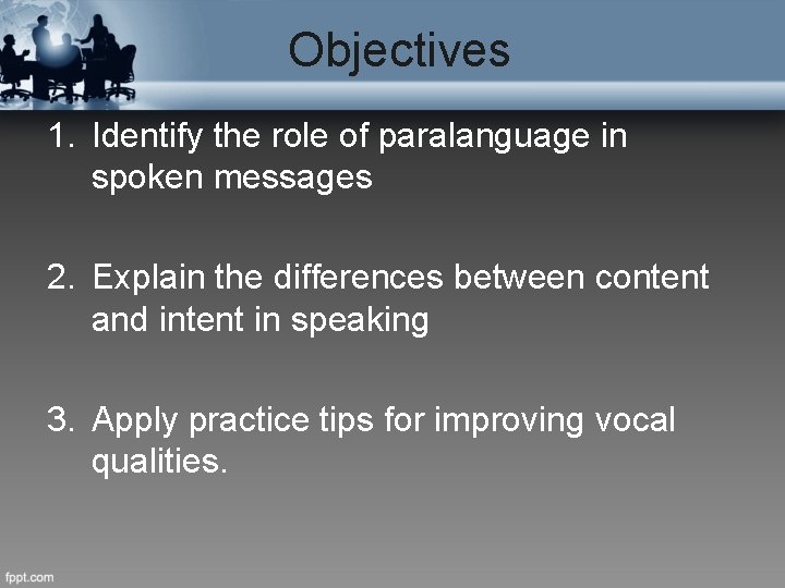 Objectives 1. Identify the role of paralanguage in spoken messages 2. Explain the differences