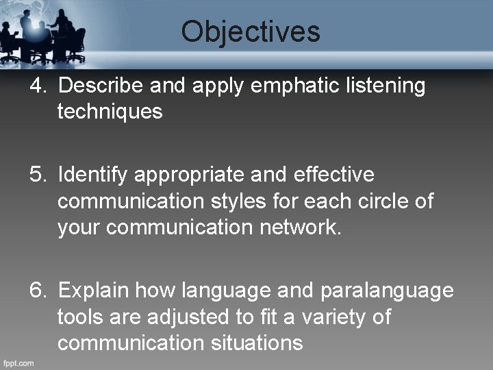Objectives 4. Describe and apply emphatic listening techniques 5. Identify appropriate and effective communication