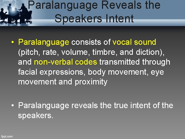 Paralanguage Reveals the Speakers Intent • Paralanguage consists of vocal sound (pitch, rate, volume,