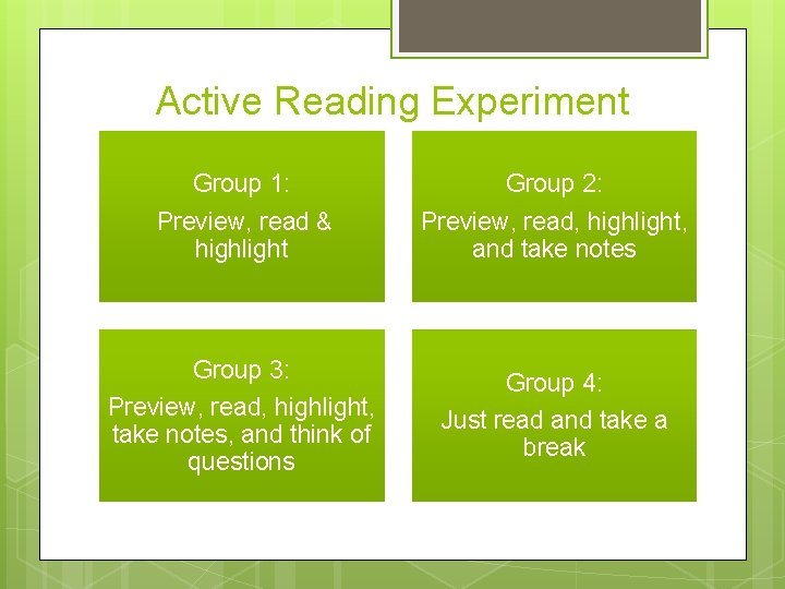 Active Reading Experiment Group 1: Preview, read & highlight Group 2: Preview, read, highlight,