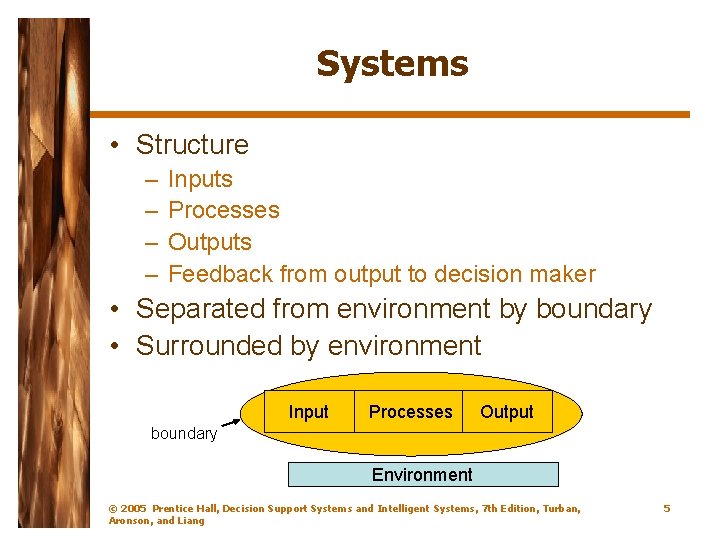 Systems • Structure – – Inputs Processes Outputs Feedback from output to decision maker