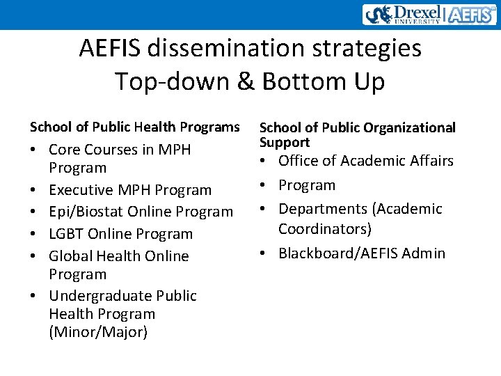 AEFIS dissemination strategies Top-down & Bottom Up School of Public Health Programs • Core