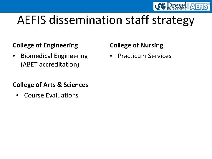 AEFIS dissemination staff strategy College of Engineering College of Nursing • Biomedical Engineering (ABET