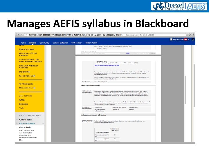Manages AEFIS syllabus in Blackboard 